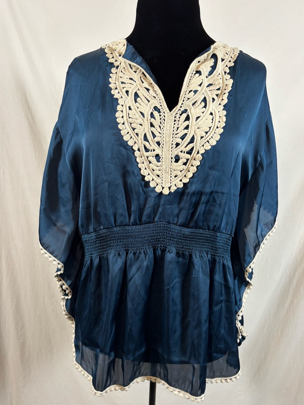 Seductions Teal Silk Blend Batwing Tunic L Crochet Boho Lagenlook Kaftan Top